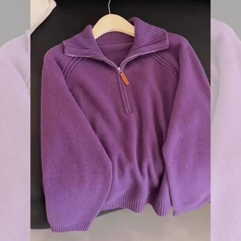 时尚减龄宽松百搭紫色半开领毛衣女2025冬季新款洋气柔软大码上衣