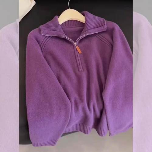 时尚减龄宽松百搭紫色半开领毛衣女2025冬季新款洋气柔软大码上衣