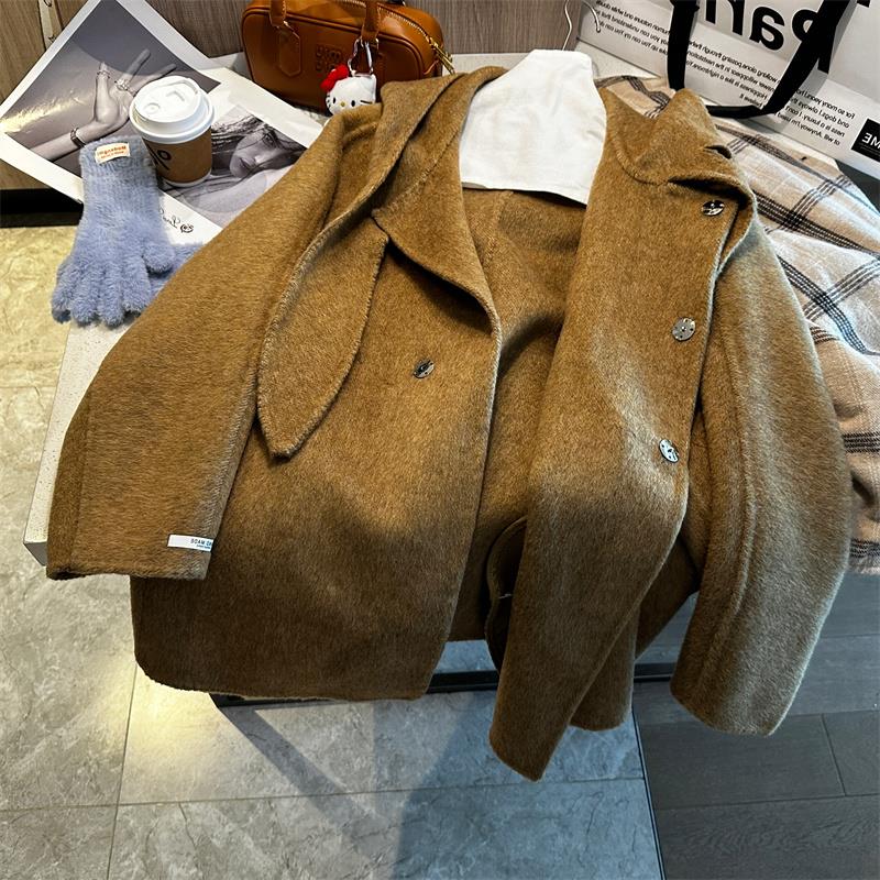 秒收！双面呢羊绒大衣秋冬新款兔耳朵连帽减龄毛呢外套中长款呢子