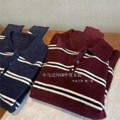 浓浓 法式 复古气息 很绝 经典 polo领条纹轻暖智性针织毛衣女