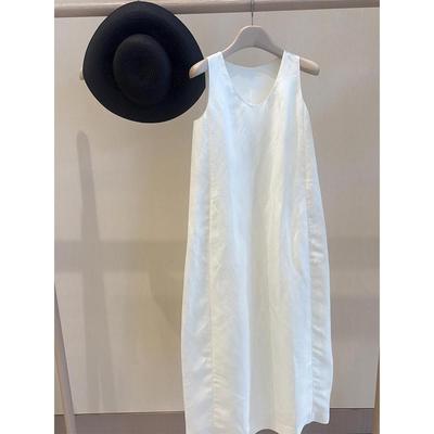 CHAO级！夏日度假Bi入！白色亚麻高级感显瘦U领无袖连衣裙女