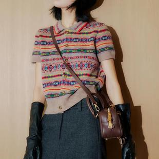 拉夫家费尔岛工艺山羊绒开衫复古提花POLO领短袖羊毛针织衫毛衣女