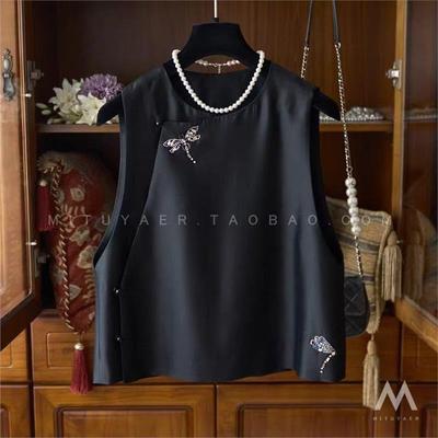 怒推！外贸单品质，娴静优雅气质蜻蜓烫钻中式斜襟丝羊毛背心马甲