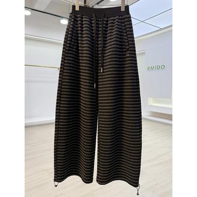 超好看加绒加厚条纹弯刀卫裤女阔腿拖地洋气香蕉裤休闲宽松长裤子