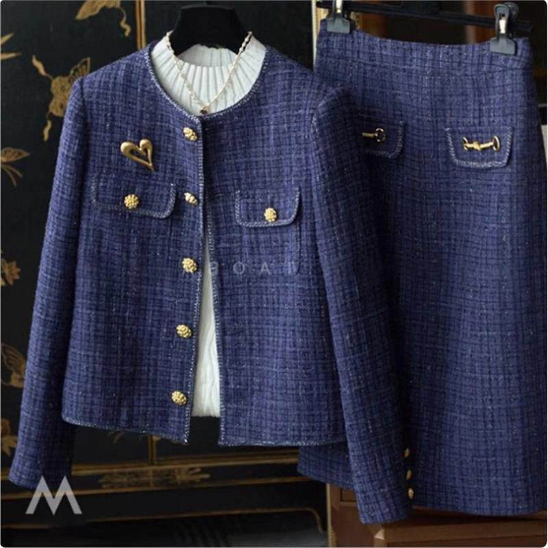 大折扣外贸原单女装撤专柜编织粗花呢麻花金扣外套+半身裙子