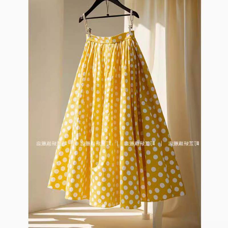 捡漏~超仙女小个子高腰显瘦垂感a字裙别致独特黄色波点半身裙