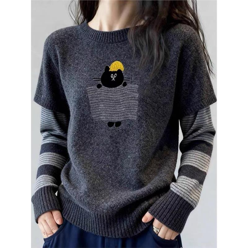 牛X货 巨炸裂！黑灰色假两件套头毛衣女秋冬韩系穿搭慵懒针织上衣