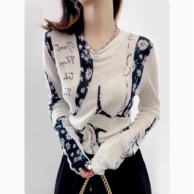 掌柜自留推！软糯亲肤~时尚复古印花打底针织衫薄款长袖T恤上衣女