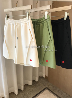 品质J好~自留推！潮人范高腰显瘦红色爱心刺绣宽松口袋休闲短裤女