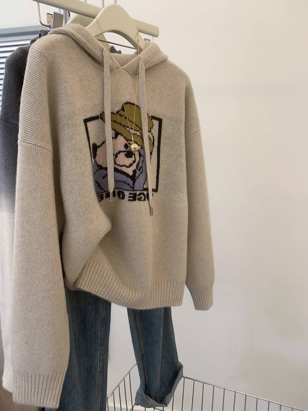 欧货卡通小熊套头连帽毛衣女秋冬美拉德穿搭慵懒风软糯针织衫上衣