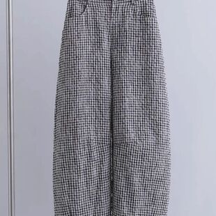 女设计感高腰百搭阔腿裤 黑白格纹轻薄皱感弯刀裤 子 巨炸裂 牛X货