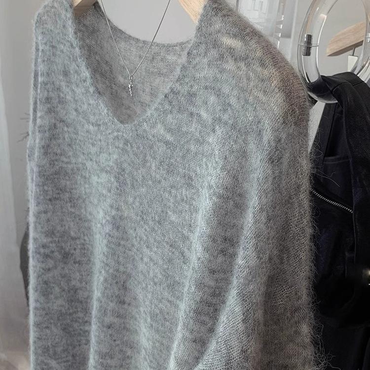 CHAO级推荐！灰色慵懒软糯马海毛针织衫女秋季新款宽松V领羊毛衫