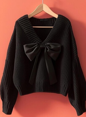 清仓捡漏~黑色蝴蝶结针织毛衣慵懒高级感秋装女独特超好看上衣