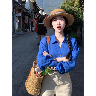 法式克莱因蓝polo衬衫女2026新款春季高级设计感小众气质长袖上衣