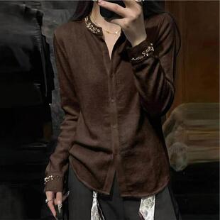 时尚 咖色圆领长袖 新款 女2026年春季 潮流百搭减龄上衣 刺绣钉珠衬衫