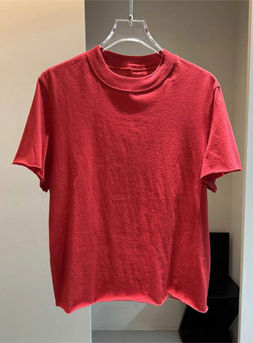 牛X货 巨炸裂！高级感红色正肩圆领短袖t恤女夏季宽松卷边上衣ins
