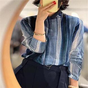 牛X货 今年流行巨好看 轻熟长袖 上衣蓝色条纹立领t恤女 巨炸裂