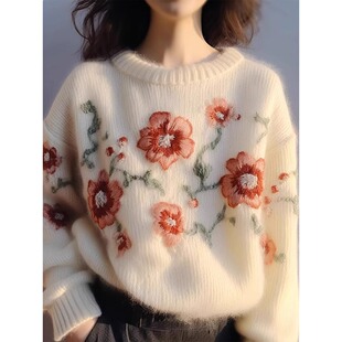 欧货粗线秋装女款2024年新款糖果杏色花朵慵懒大码毛衣针织衫外套