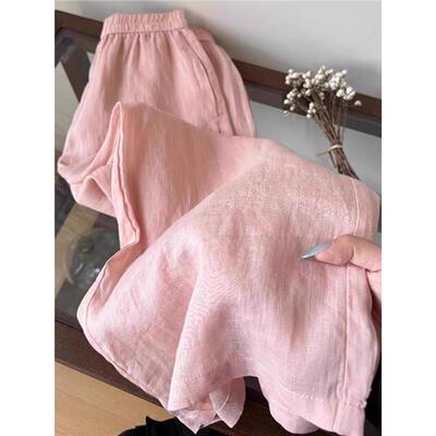 CHAO级推荐！粉色宽松垂感亚麻阔腿裤女夏季薄款显瘦直筒休闲裤子