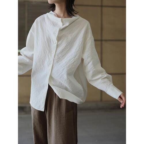法式白色棉麻立领长袖衬衫女夏季薄款透气设计感小众防晒衬衣女装