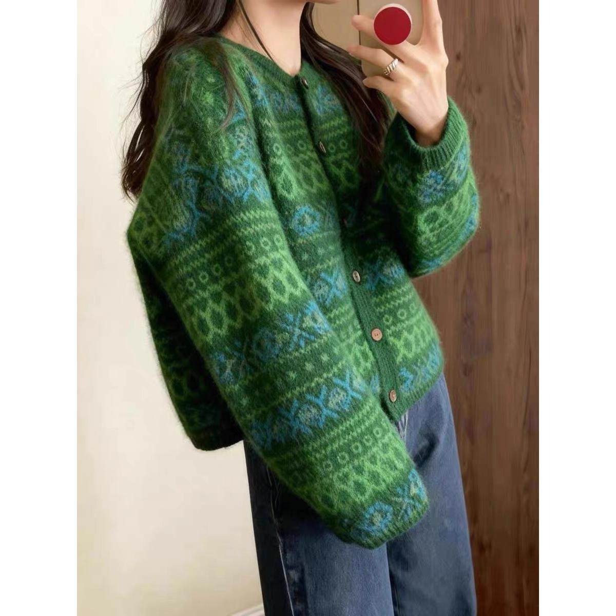 绿色提花毛衣开衫外套女2025新款冬季加厚慵懒风混色马海毛针织衫,女装/女士精品,毛针织衫,淘宝优惠券,粉丝福利购,淘宝优惠卷