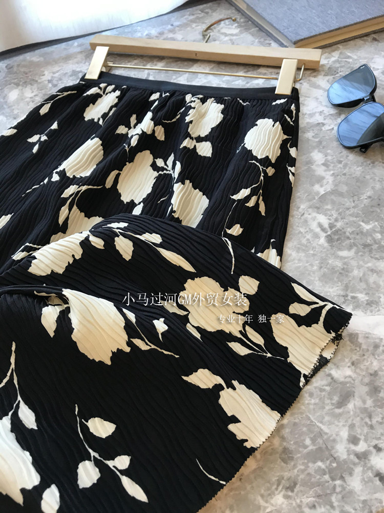 爆美!穿出优雅女神气质!黑白复古印花气质显瘦褶皱高腰半身裙女