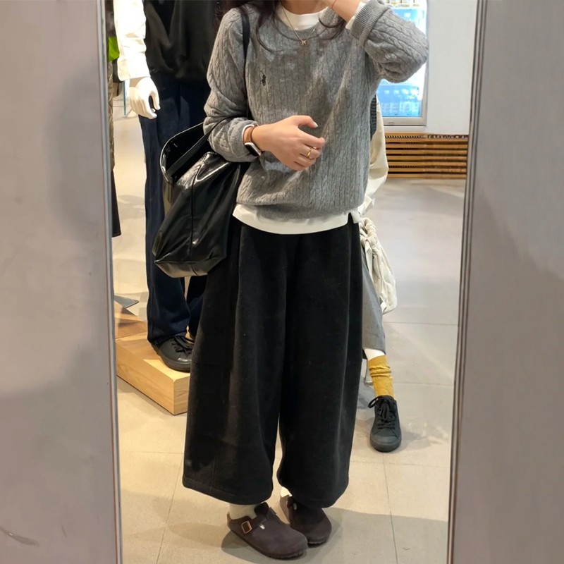 黑灰色八分毛呢裤女秋冬厚款高级感垂感大码胖mm小个子软糯阔腿裤