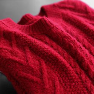 自带柔焦滤镜 拉绒美丽诺羊毛圆领针织毛衣女冬 复古粗棒绞花工艺