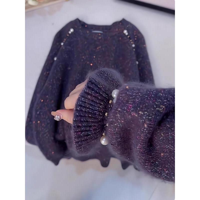 欧货重磅2025年冬季女装休闲百搭简约紫色针织衫高级小众穿搭上衣