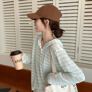 防晒罩衫 掌柜自留推 薄款 休闲条纹连帽T恤女夏季 上衣 韩系时尚
