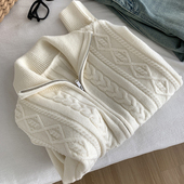 开衫 CHAO级推荐 韩系简约复古麻花加厚翻领双拉链毛衣女冬季 外套