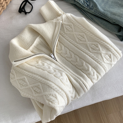 CHAO级推荐！韩系简约复古麻花加厚翻领双拉链毛衣女冬季开衫外套