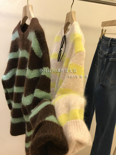 巨，超细安哥拉山羊毛！！撞色条纹马海毛复古针织毛衣女秋冬