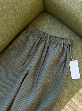 绝美！！！不能错过、设计感满满！小众色织条纹松紧腰亚麻九分裤