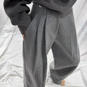 新款 灰色条纹西装 阔腿裤 2025春季 女小个子宽松垂感通勤拖地长裤 子