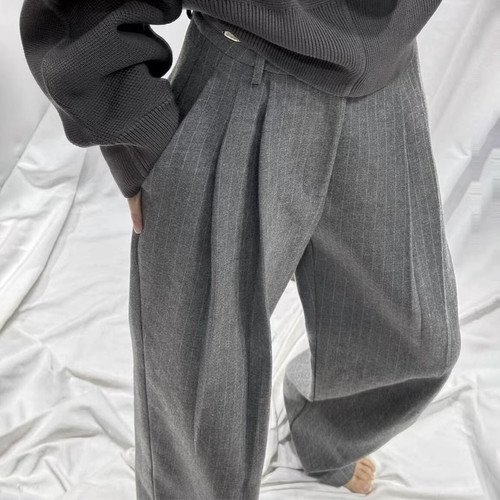 2025春季新款灰色条纹西装阔腿裤女小个子宽松垂感通勤拖地长裤子