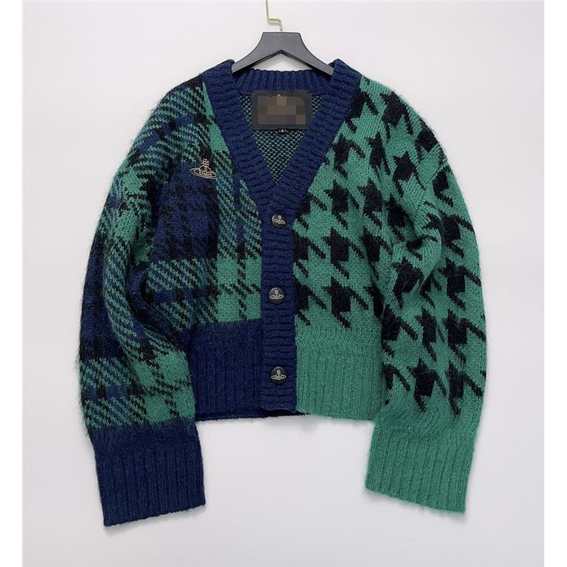 自留 2024冬季新款绿色格纹英伦风复古百搭V领宽松毛衣开衫外套女