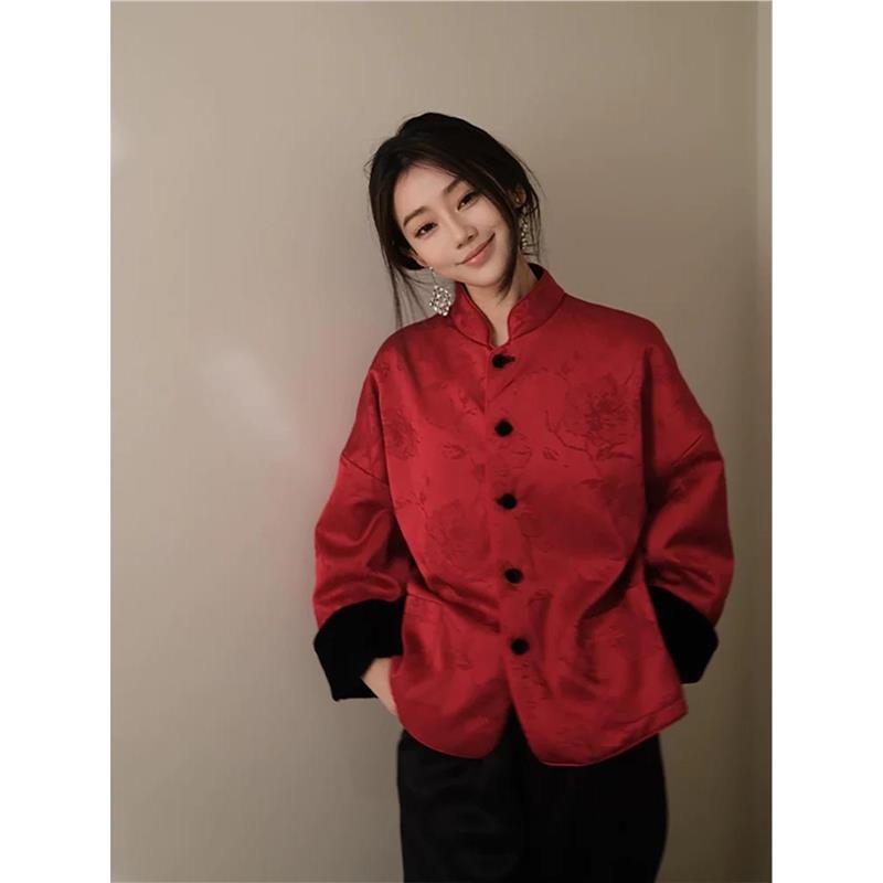 推荐！新中式双面穿立领丝绒提花上衣女圣诞新年红色外套改良唐装