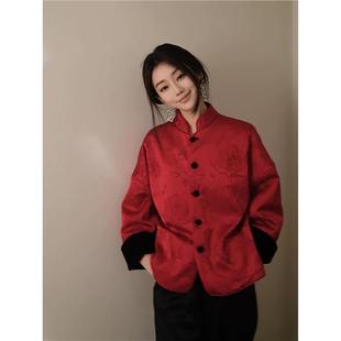 推荐！新中式双面穿立领丝绒提花上衣女圣诞新年红色外套改良唐装