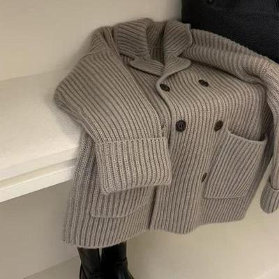 怒推！外贸单品质，韩系咖色重工垂感羊毛西装双排扣针织毛衣开衫