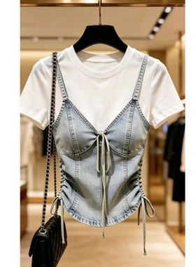 怒推！外贸单品质，浅蓝色牛仔V领吊带女夏季新款短款无袖上衣
