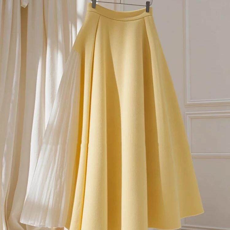 超仙女森系小个子高腰显瘦a字裙气质黄色毛呢拼接百褶半身裙秋冬