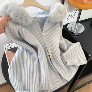 2025韩系甜美气质可拆卸毛领连帽针织开衫 女秋冬温柔坑条毛衣外套
