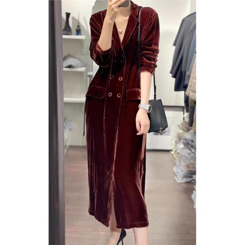 现货真丝金丝绒外套2025年春秋设计感气质女装长款风衣大衣西装领