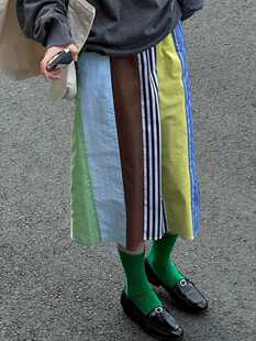 小众个性 新款 高腰显瘦气质百搭时尚 长裙 条纹印花撞色半身裙女夏季