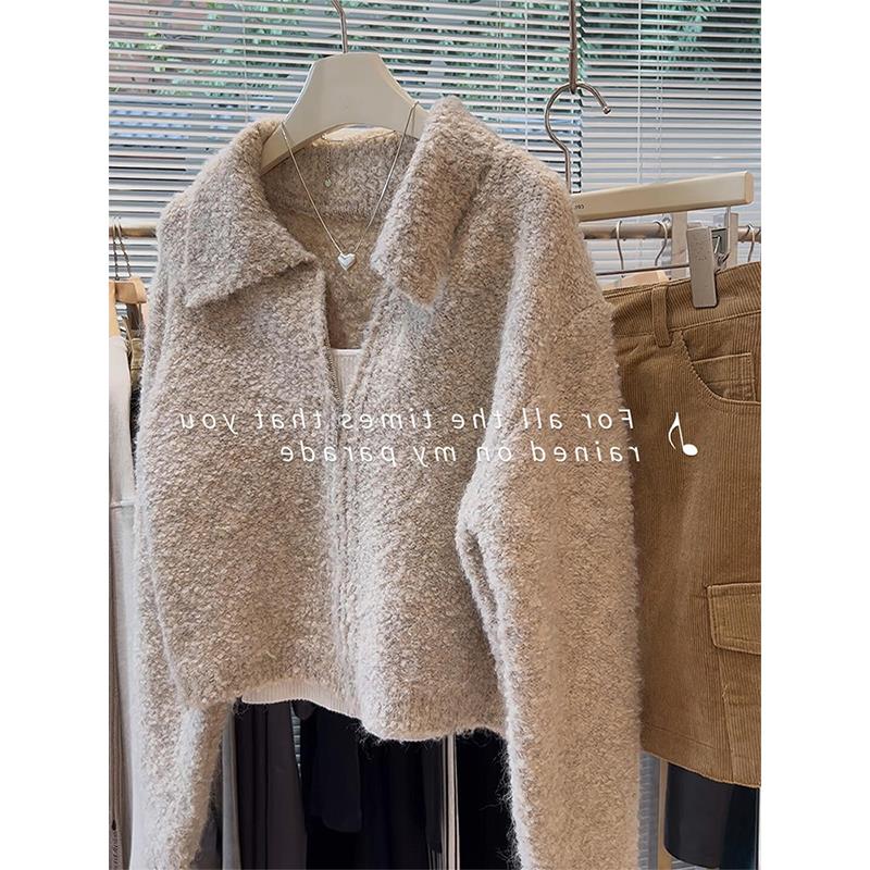 今年流行韩系拉链polo领羊毛圈圈绒毛衣外套女宽松短款针织开衫