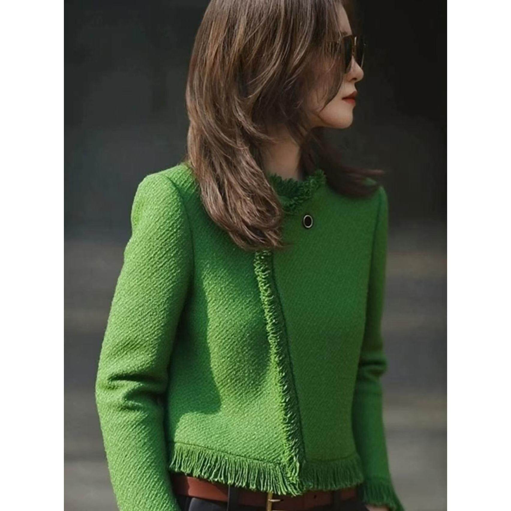 法式高级感轻奢不撞款上衣秋季气质感洋气绿色流苏小香风短外套女,女装/女士精品,短外套,淘宝优惠券,粉丝福利购,淘宝优惠卷