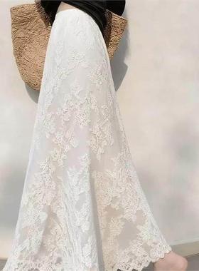 牛X货 巨炸裂！别致气质垂坠感杏色蕾丝半身裙女高腰显瘦A字长裙