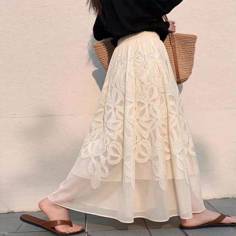 牛X货 巨炸裂！白色蕾丝刺绣网纱半身裙女春季松紧高腰中长a字裙