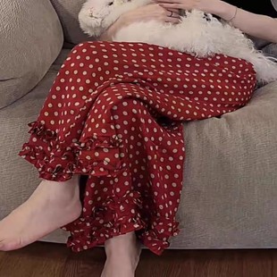 阔腿九分裤 被惊艳到了 小众时髦宽松薄款 红色波点花边裤 子 女夏季